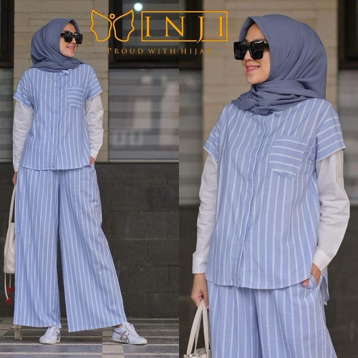 Sheena set blue by inji koleksi Bhadshopbutik Muslim Wanita Lebaran Kancing Maxi Pesta Remaja Syari