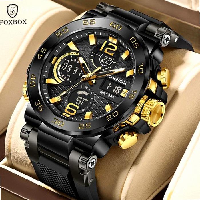 FOXBOX Jam Tangan Pria Anti Air Original LIGE Digital Analog Asli Tali Silikon Jam Tangan Cowok Kuar