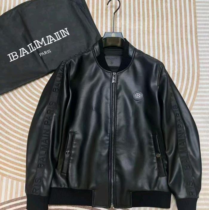 Balmain Jaket Keren Link Co 50% - Jaket Kulit Hitam dengan Logo Balmain Paris - Cocok untuk Gaya Cas