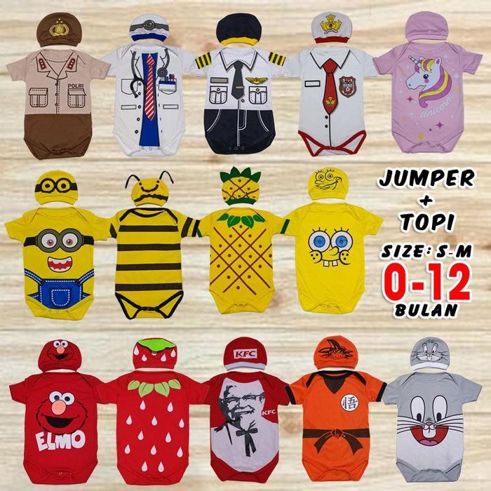 Baju Bayi Karakter Pilot Seragam SD Dokter Polisi Batman Nanas Lebah Sapi Elmo Minion Spongebob Bugs