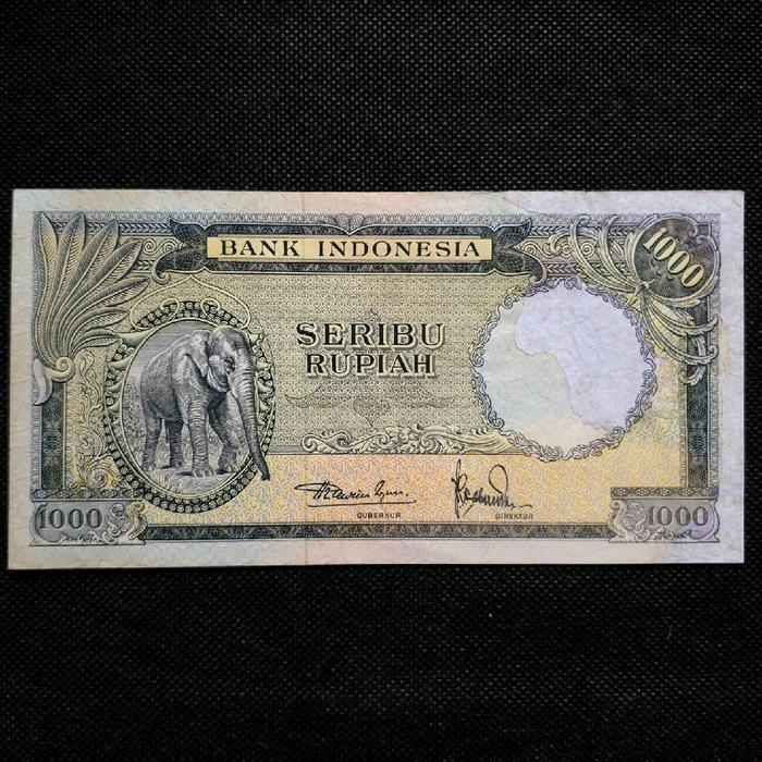 Uang Kertas Kuno 1000 Rupiah Seri Hewan Gajah Tahun 1957 - 1 Huruf / Seri Pengganti - N 7527