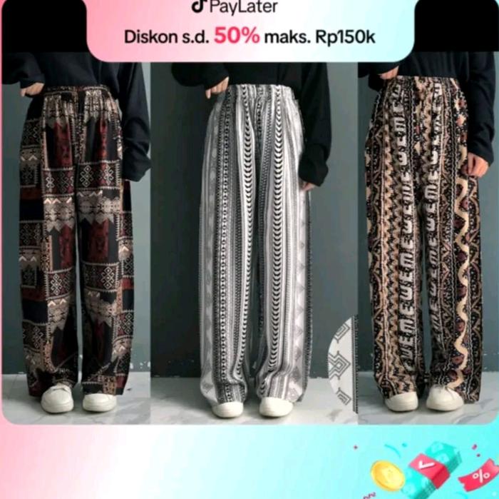 Celana Linen Rayon premium paket bundling 3pcs celana rayon premium motif etnik lebar Kulot squarepa