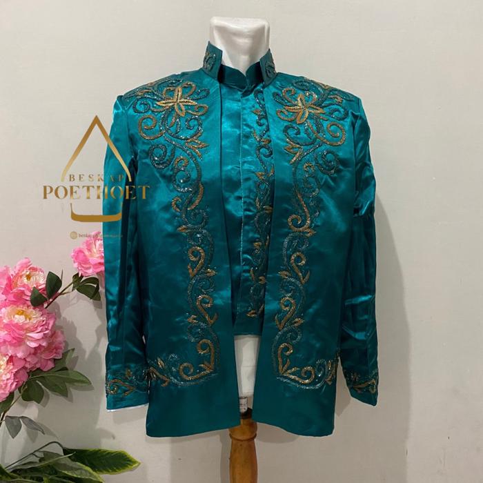 (PROMO) JAS BESKAP PENGANTIN SUNDA MUSLIM HIJAU TOSKA KAIN TAISILK PAYET SENADA SET CELANA PECI SELO