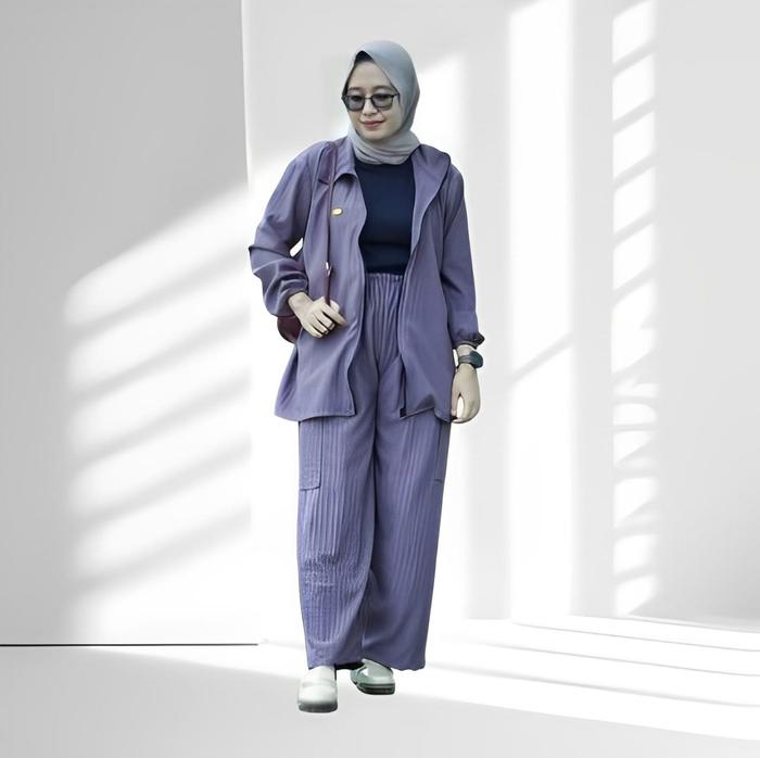 One set cargo knit hornet setelan celana terlaris ayna setcel cargo resleting al mahzan muslim wanit