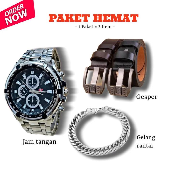 PAKET HEMAT...!!! Jam tangan pria kekinian tali rantai bonus gesper Jeep & gelang rantai keren