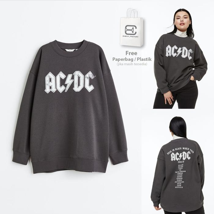 TerLaris Crewneck ACDC TOUR Dark Grey Original BlackWash Hitam Buluk Sweater Washed Wanita Flecee Ka
