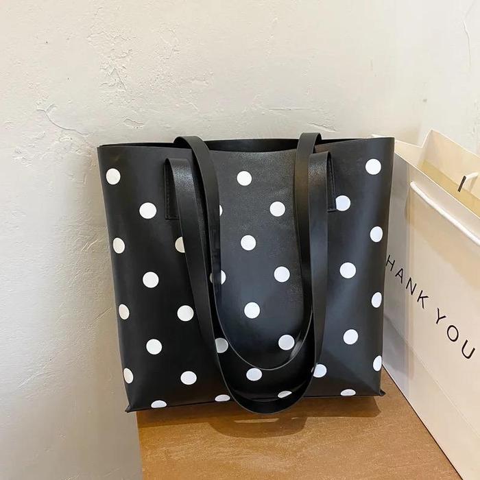 [Promo] Tote Bag Wanita Bahan Kulit / Sintesis / Kulit PU Motif Polkadot Printing Kapasitas Besar 39