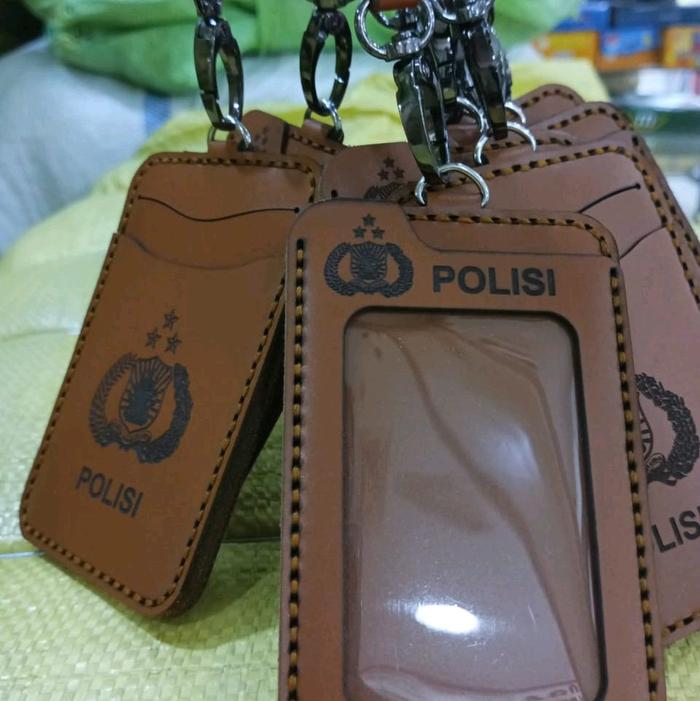 Gantungan Dompet ID Card Berlogo Polisi Bahan Kulit ASLI Berkualitas Tinggi Kalung Tempat Tanda Peng