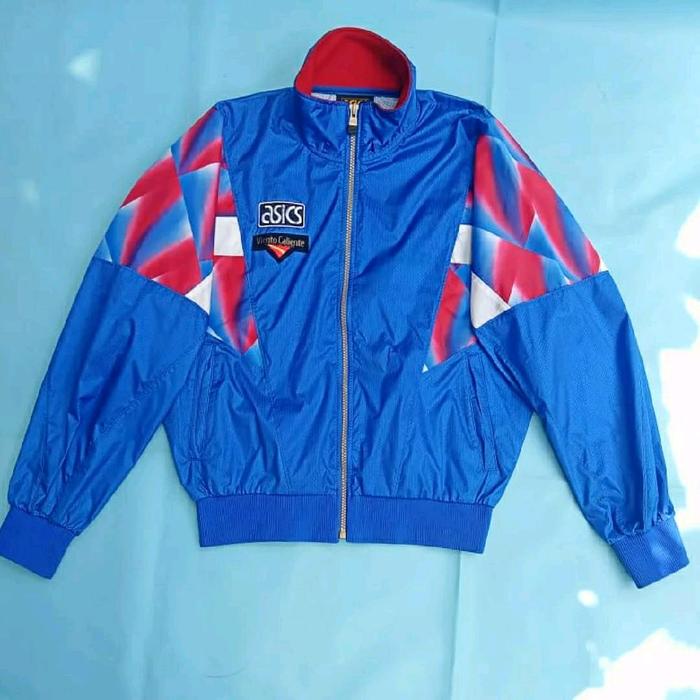 Asics Jaket Windbreaker Vintage Colourblock Biru Merah Putih dengan Desain Geometris