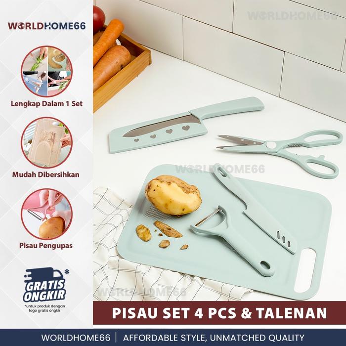 Worldhome Pisau Dapur Set Isi 5 Pcs Pisau Set 5 Pcs Pisau Viral Set Pisau Stainless Steel + Talenan