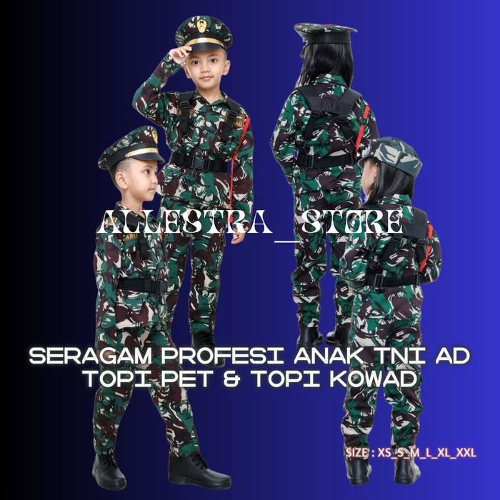 SERAGAM PROFESI TNI AD TOPI PET & KOWAD FULL SET FULL AKSESORIS KOPEL DAHRIM DAN SEPATU PDL RESSLETI