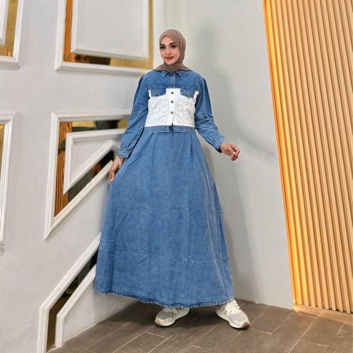 Melody Gamis Jeans Rompi Fashion Muslim Wanita Kekinian - Snow, All Size