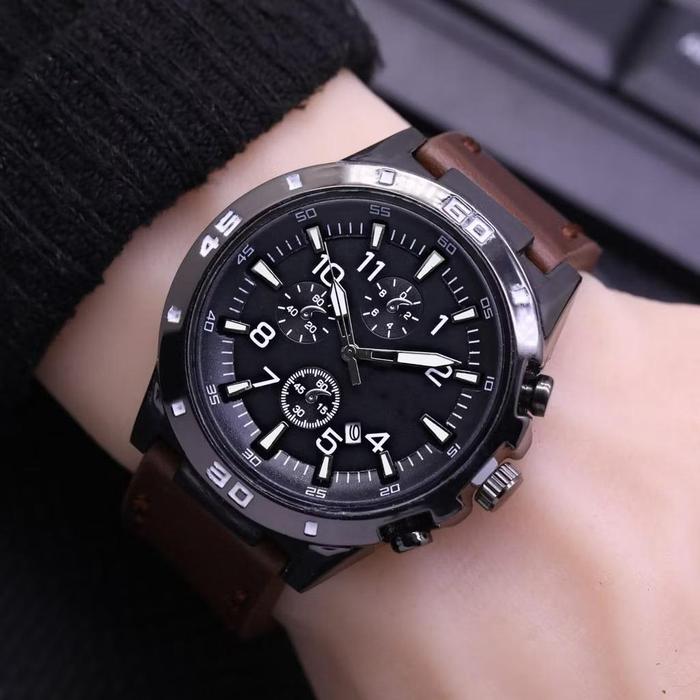 PROMO - JAM TANGAN PRIA SPORTY MODEL FX-7686 TALI KULIT CHRONO VARIASI TANGGAL AKTIF ANALOG - COD BA