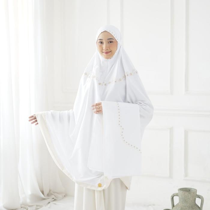 Mukena Santri Gontor - Aisyah Series Putih - Krem Bordir Bonus Sajadah / Mukena Gontor