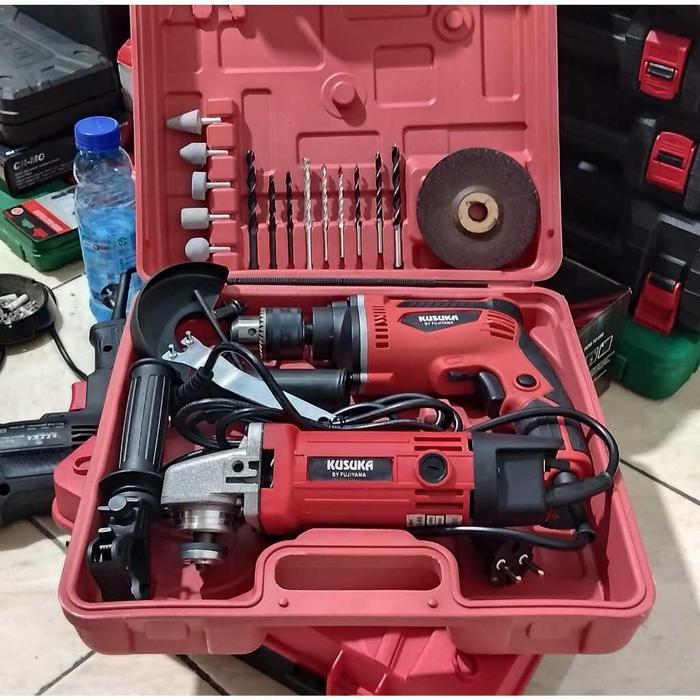 KUSUKA Bor + Gerinda Box!! Bor 13mm + Gerinda 4inch + Mata Bor Kayu+Mata Bor Beton+Batu Potong + Bat