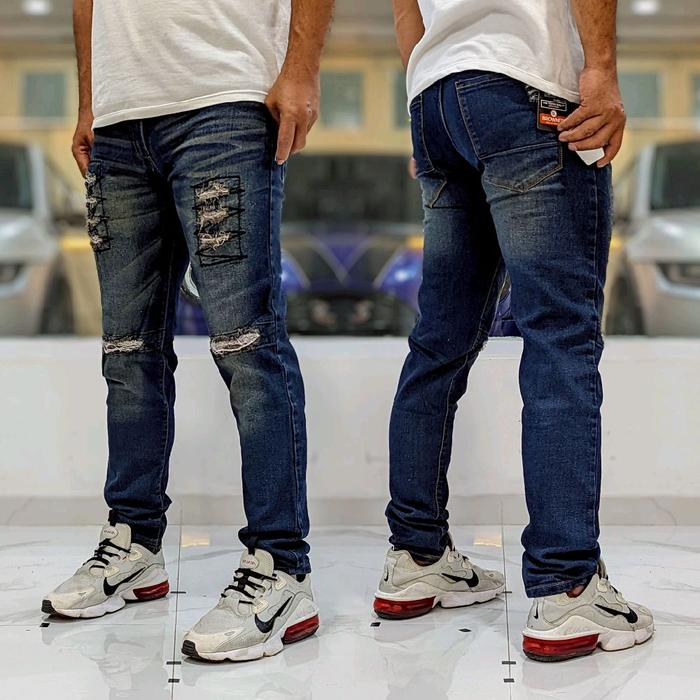 Celana Jeans Sobek Petir Denim Pria Desain Kotak Bahan Berkualitas Tahan Lama Ukuran Fleksibel 27-33
