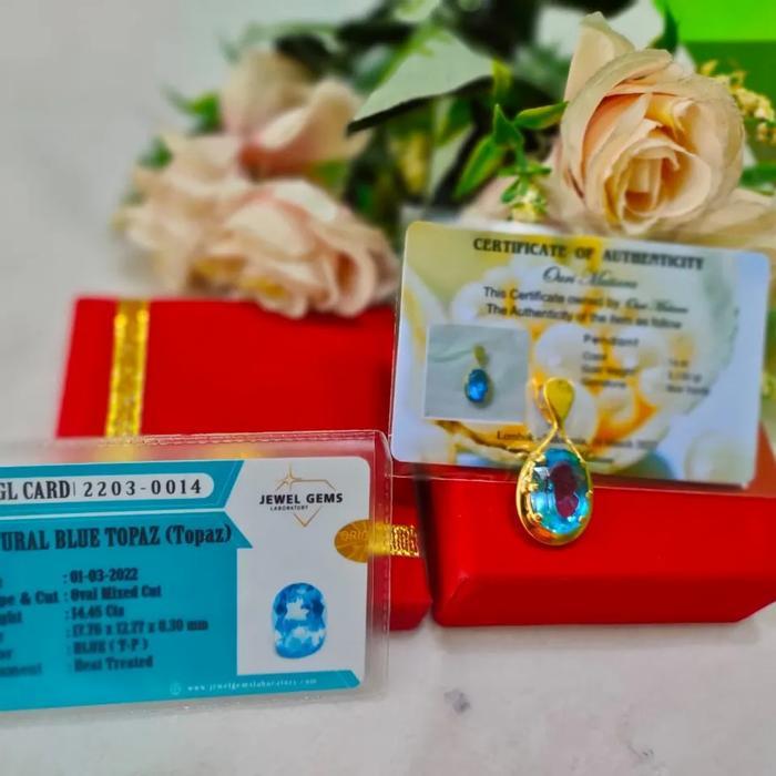 LIONTIN EMAS 16 KARAT BATU PERMATA BLUE TOPAZ ASLI ORIGINAL