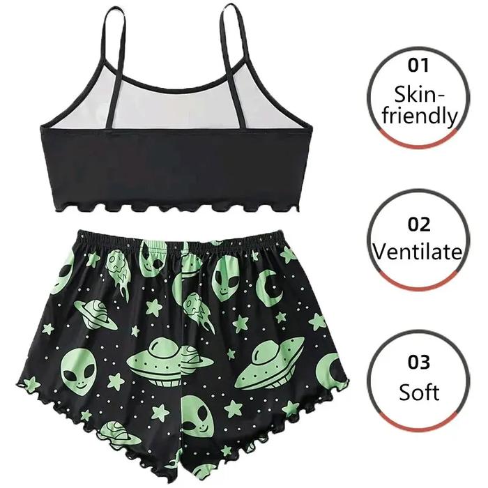 Summer Sleepwear Women Pajamas Set Alien Pattern Printed Sports Camisole Tops and Shorts Casual Loun