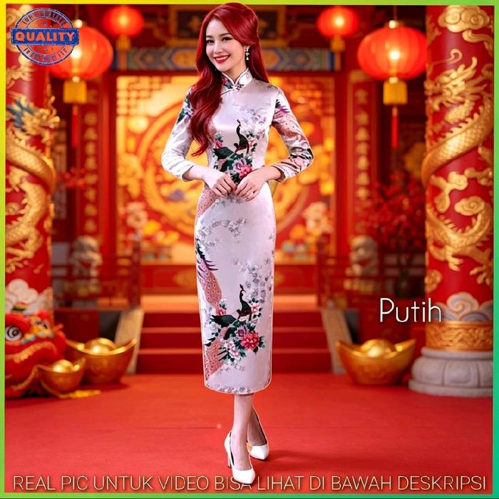 Dress Cheongsam Wanita Qipao Baju Cina Gaun Imlek Lengan Panjang Maxi Sincia Putih