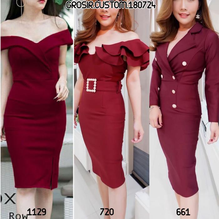 [GROSIR] CUSTOM 180724 Dress Code Merah Marun Party Baju Nyanyi - Gaun Midi Mini Wanita Cantik paket