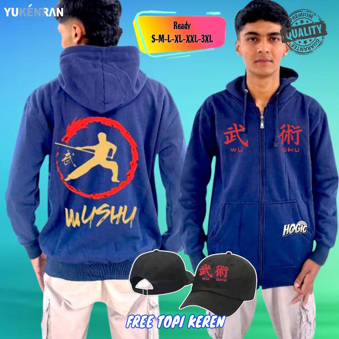 JAKET RESLETING WUSHU HOODIE ZIPPER BELADIRI CHINA KEREN BONUS TOPI Sweater Distro Navy Fleece