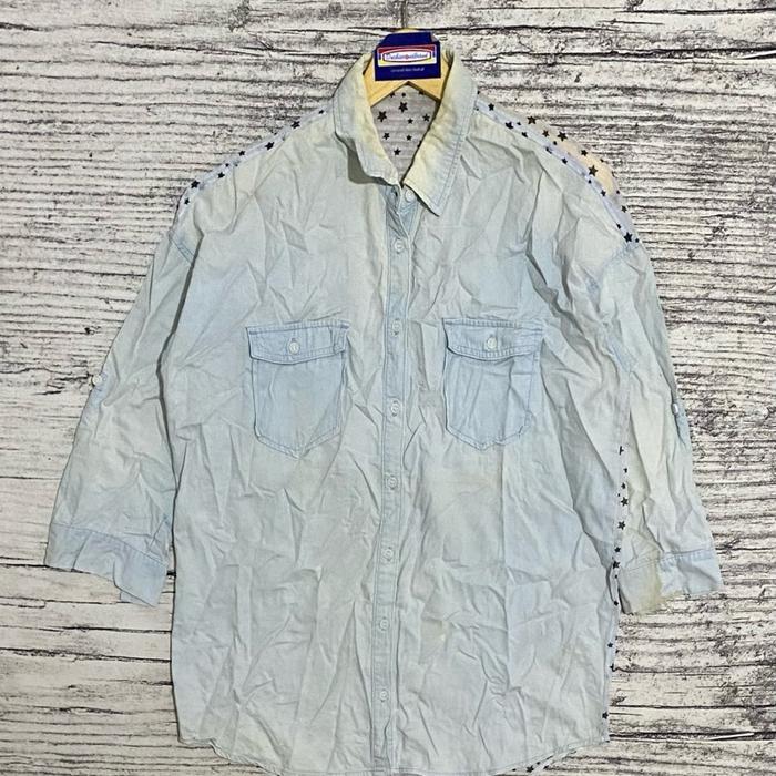 Kemeja shirt blus blouse motif Reiz jeans 2 bahan casual fashion second bekas thrift