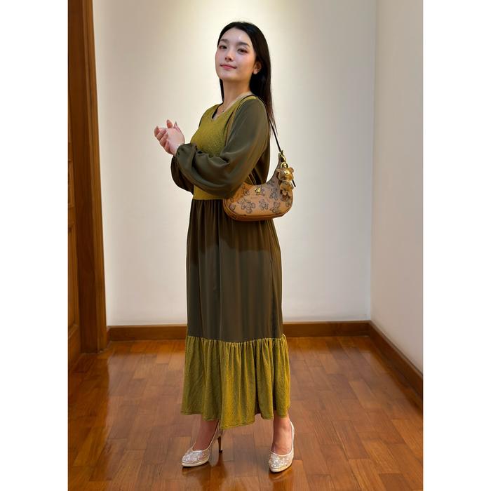 ELRI FASHION - Midi Dress Kombinasi Bordir - Gamis Motif Two Tone Long Sleeve Hijab Friendly Wanita