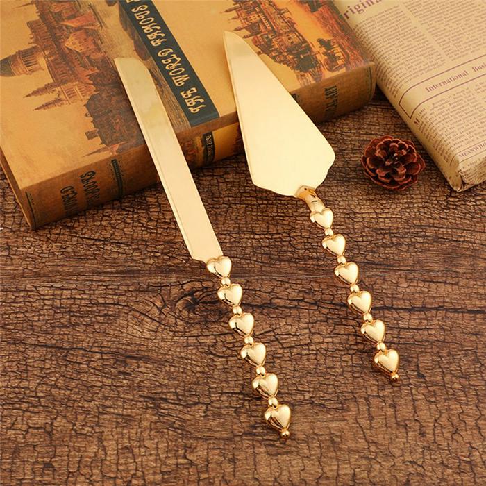 2Pcs Heart Shape Handle Cake Cutter Golden Cake Shovel Knife Wedding