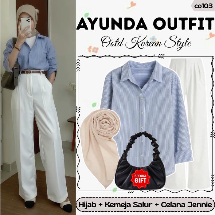 1 Set OOTD Korean Style (Celana Jennie Knit Broken White, Kemeja Salur Sky Blue, Hijab Bella Square 