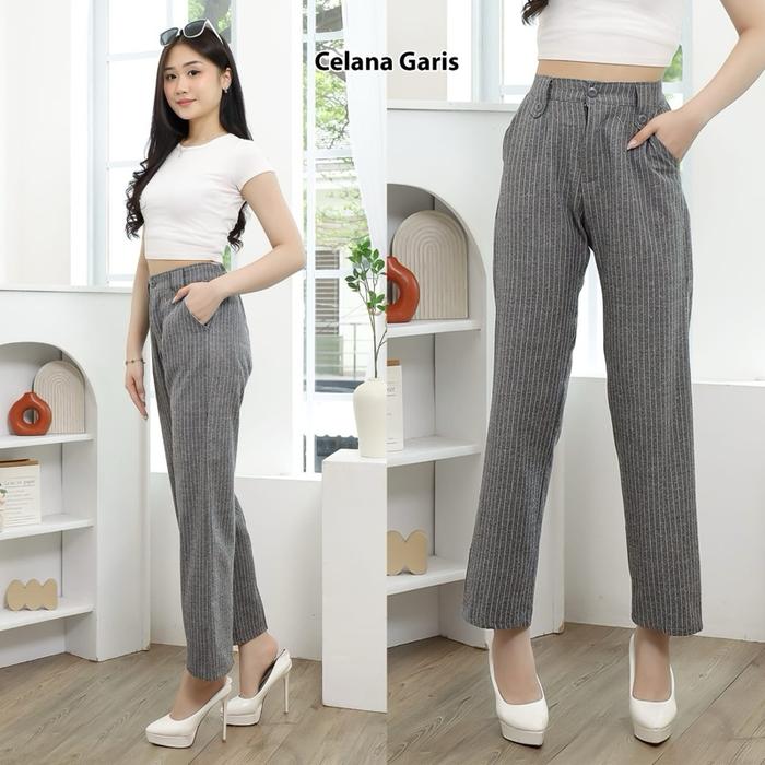 Kuma Pants - Lost Pants Stripe Trouser Wanita-Celana Anti Kusut-Celana Kulot Cewe Highwaisth Panjang