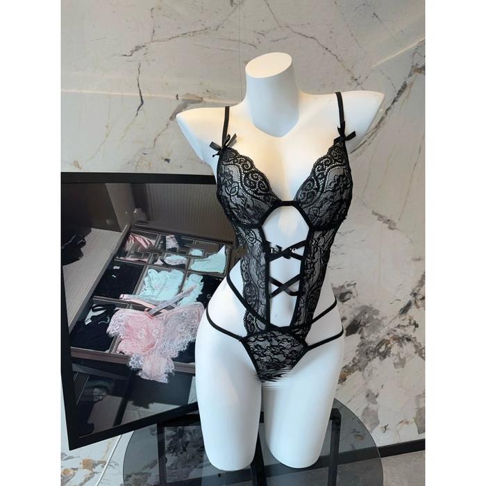 COD UD0240 Teddy Bodysuit Lace Strings Open V Lingerie Wanita Dewasa Hitam Putih Merah Maroon BOSSLI