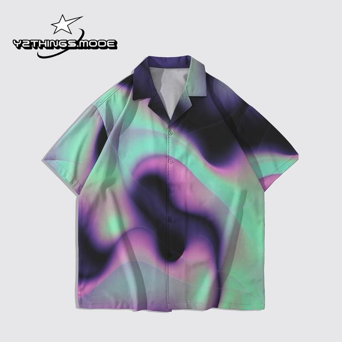 Y2THINGS Kemeja Lengan Pendek Motif Abstrak Wavy Hijau Ungu – Shirt Aesthetic Psychedelic Kekinian U