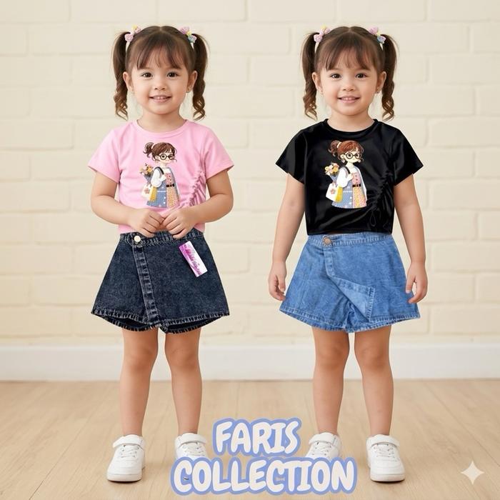 FARIS COLLECTION Setelan Kaos Serut Usia 1-7 Tahun dengan Desain Karakter Lucu dan Celana Pendek Jea