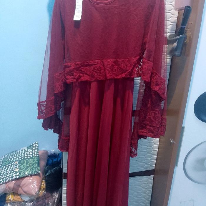 gamis brukat warna merah maroon, mewah, bahan adem