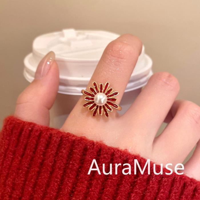 [AuraMuse] Cincin Bunga Merah Mutiara Buka Emas Klasik Elegan Cantik Modis Casual A344