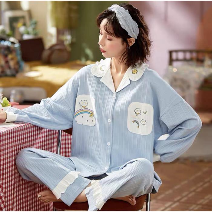 Ml888 Cod Stelan Import Pp Kancing /Piyama Oversize Lengan Panjang/ Baju Tidur Dewasa Wanita