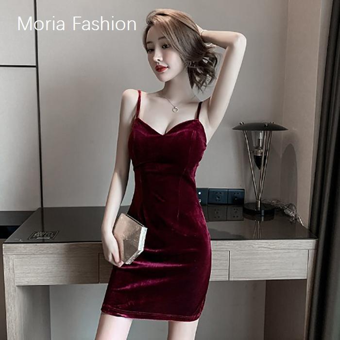 Moria Qz180 Backless Dress Bodycon Korean Velvet Mini Dress Wanita Beludru Tanpa Lengan Elegant Dres