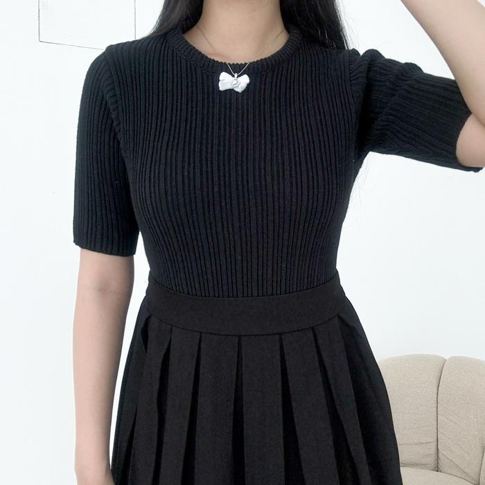 [ NEEDAKNIT ] Jihyo Top Atasan Wanita Baju Knit Crop Rib Rajut Pendek Ribbon Pita Lengan Panjang Nya