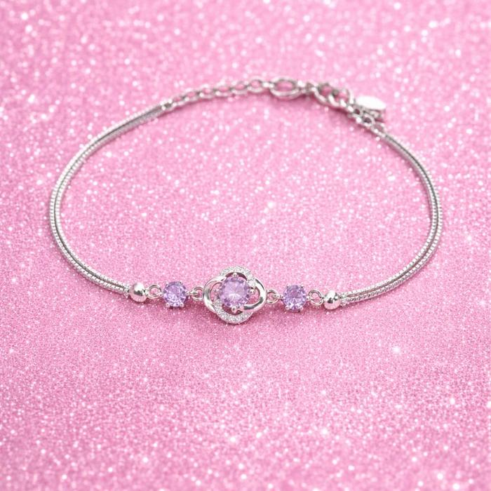 LJI ~ Gelang Bunga Permata Ungu Titanium Lapis Perak Anti Karat