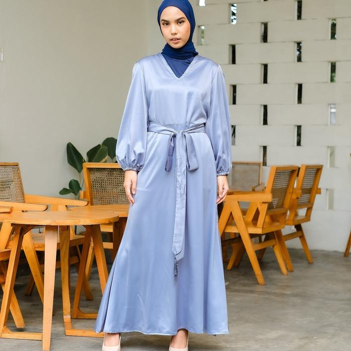 Gamis Wanita V neck rok duyung Tassell Dress kondangan Biru Denim by Nazya