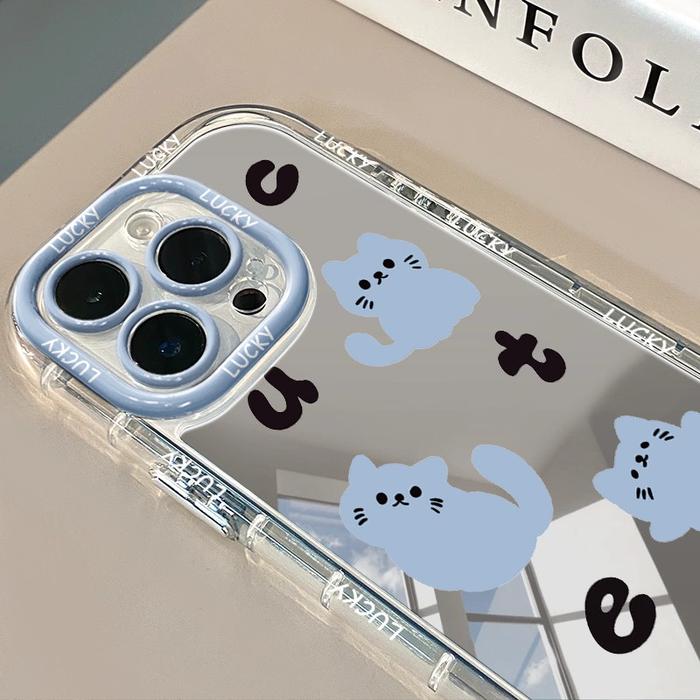kartun lucu cute hewan casing Cermin Kucing Biru Case hp iPhone 11 PRO MAX XS XR 12 13 14 15 PLUS