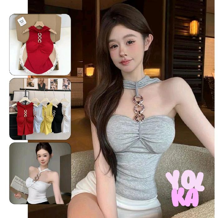 Yolka Halter Tank Top Bra Korean Style Tali Rantai kekinian, Baju wanita Tanpa lengan, Atasan wanita