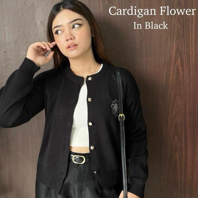 Jasmine Cardigan Rajut Wanita Motif Bunga Bordil Flower O Neck Kancing Hidup Bahan Tebal Halus Lembu