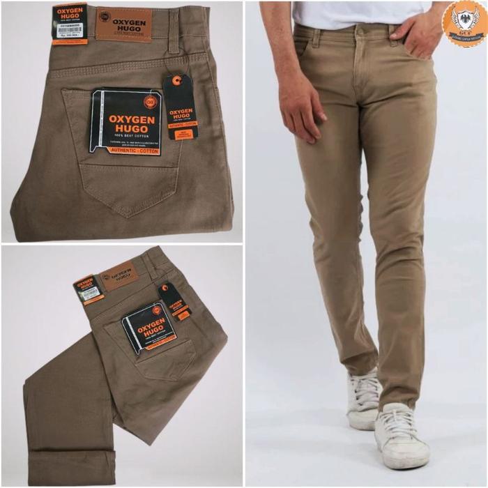Oxygen Hugo Celana Panjang Pria Dewasa Semi Jeans Santai Distro Hitam Bahan Sweading Tebal Melar Nya