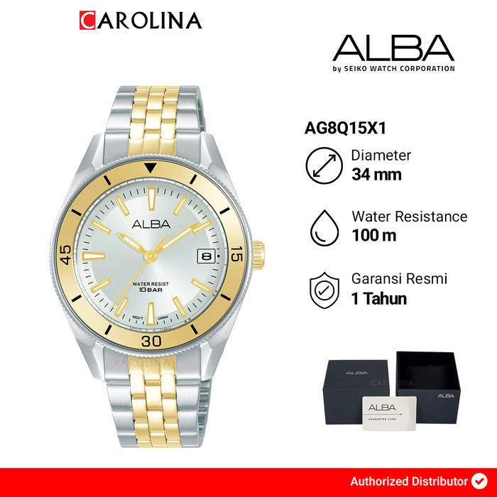 Jam Tangan Pria Alba Active AG8Q15X1 Gold Bezel Silver Dial Dual Tone Stainless Steel Strap Watches