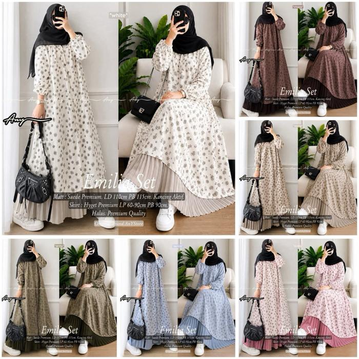 Emilia set rok setelan rok plisket wanita motif bunga panjang muslimah Ld 110cm