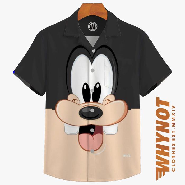 WHYNOT - KEMEJA CASUAL FULLPRINT STYLE ART MOTIF GOOFY HITAM DAN COKLAT DESAIN KARAKTER LUCU KUALITA