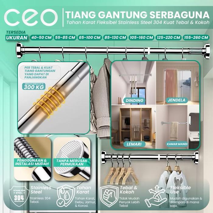 CEO Tongkat Gantungan Pakaian Tiang Gorden Tiang Serbaguna Teleskopik Stainless Steel Tiang Gantunga
