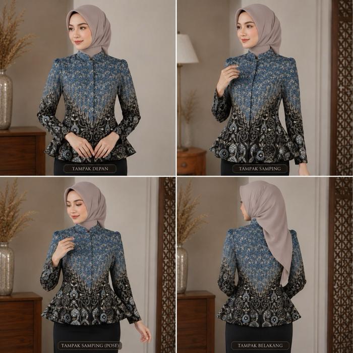 Atasan Blouse Peplum Batik Wanita Motif Bunga Biru