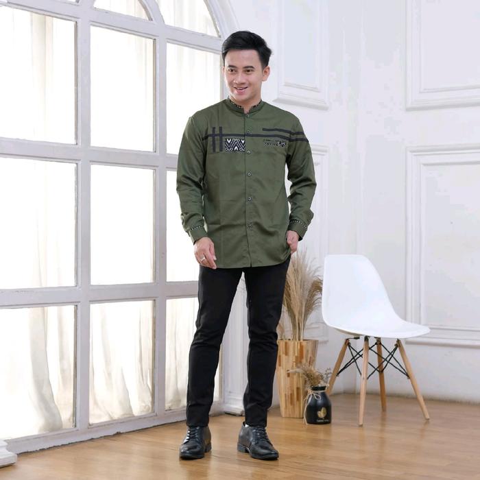 Baju Koko Pria Lengan Panjang Warna Hijau Botol Kain Katun Toyobo Premium